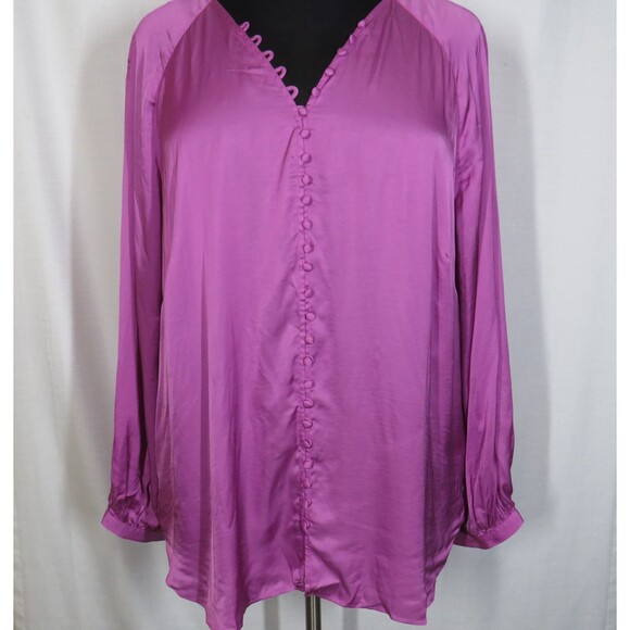 La Joie Violet Satin Button Up Long Sleeve Blouse Plus Size 3X - Picture 11 of 15